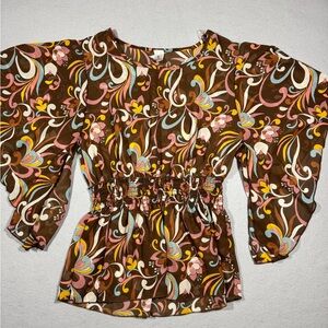 R•Rouge USA Boho Floral Blouse Womens Small Sheer Smocked Waist Bell Sleeve Y2K